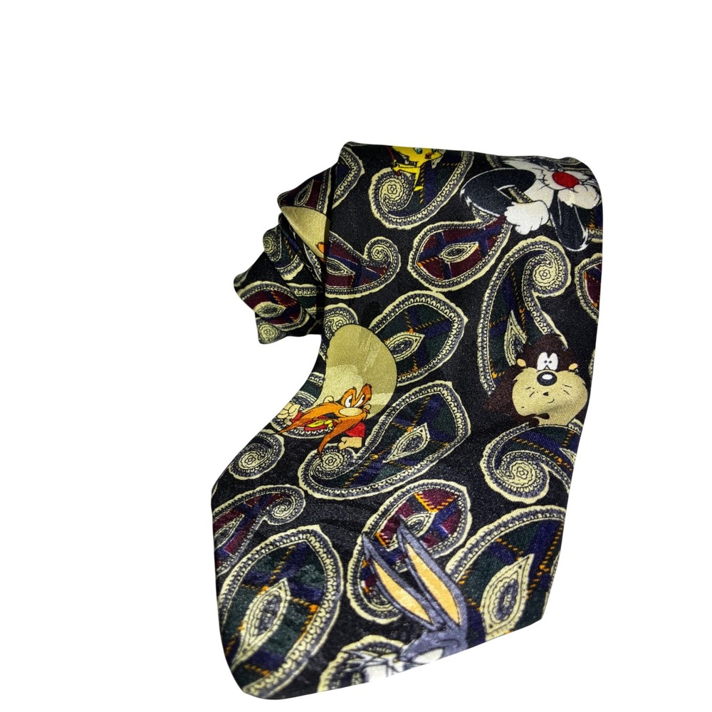 Vintage 1993 Looney Tunes Mania Paisley Silk Feel Mens Tie Bugs Bunny Sylvester